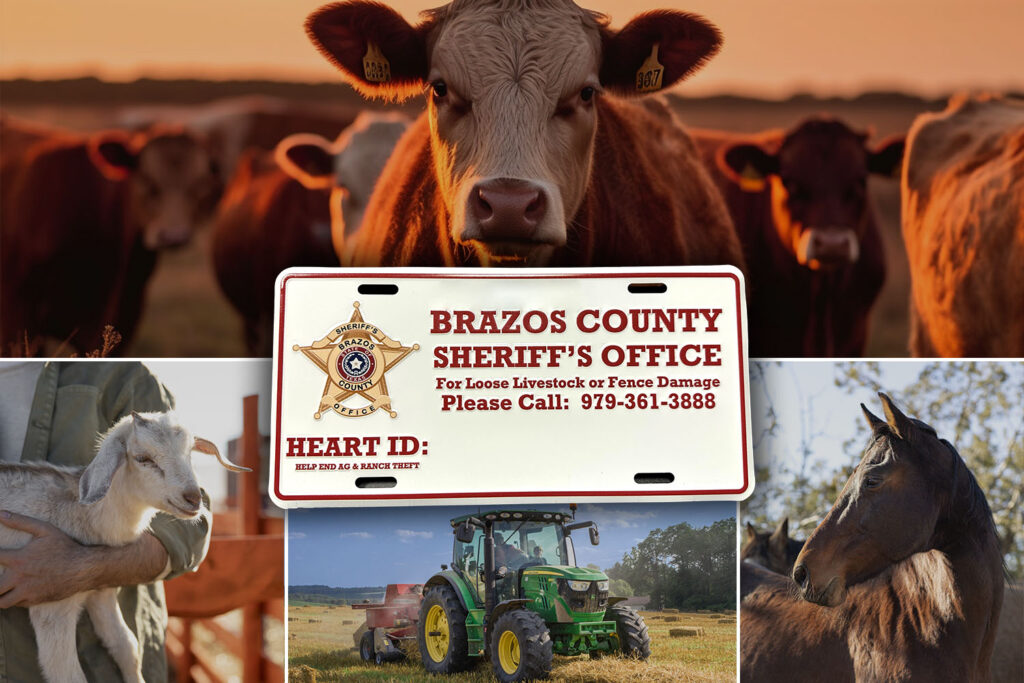 Promo image fo the Brazos County Sheriff's Office "Help End Agriculture and Ranch Theft Program". Picture collage of a cow, goat, horse and a John Deere tractor bailing hay, with the HEART program license plate on top of them.
